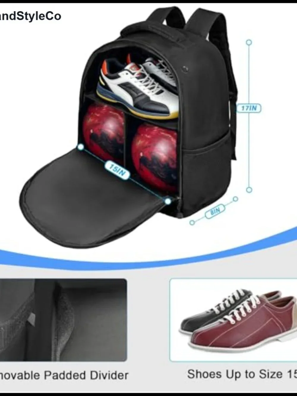 2 Ball Bowling Backpack with Shoe Compartment, Padded Ball Holder, Adjustable